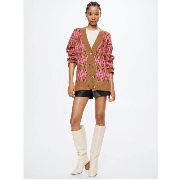 Mango Argyle Oversized Cardigan - M - NWT - Picture 2 of 5